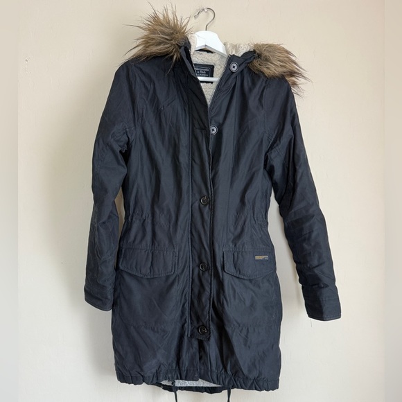 Abercrombie & Fitch Sherpa Lined Long Line Anorak Coat Faux Fur Trim Black Small - Picture 1 of 12
